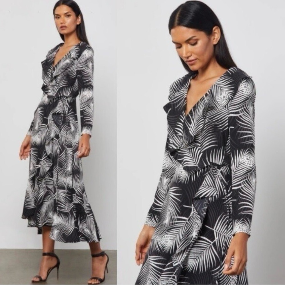 BCBGMAXAZRIA BCBG FEATHER PRINT WRAP DRESS BLACK-LAYERED PALM Size XS